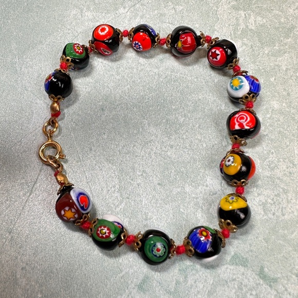 Vintage Millefiori Black Glass Bead Bracelet Red Knotted Venetian